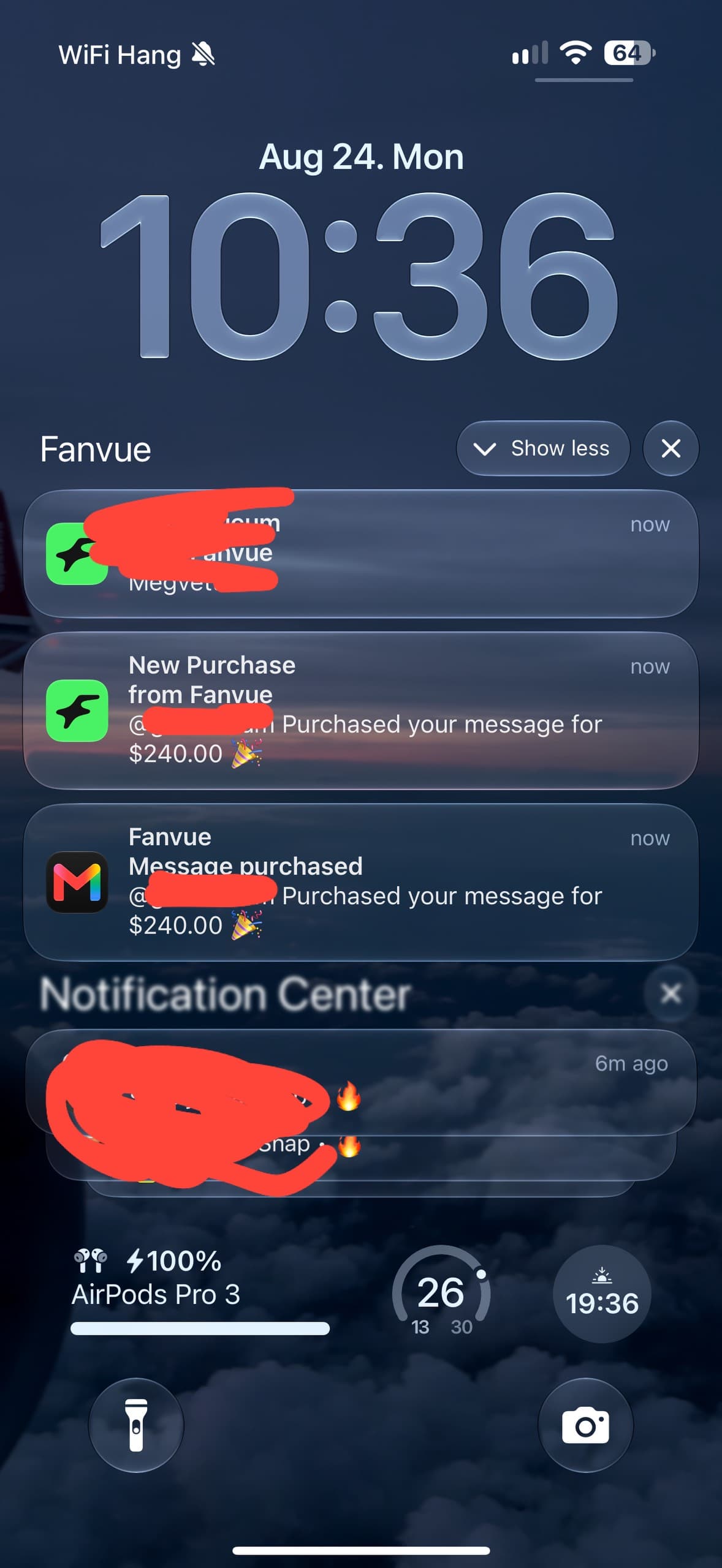Fanvue értesítés: egy rajongó $240.00-ért vásárolta meg egyetlen üzenetet