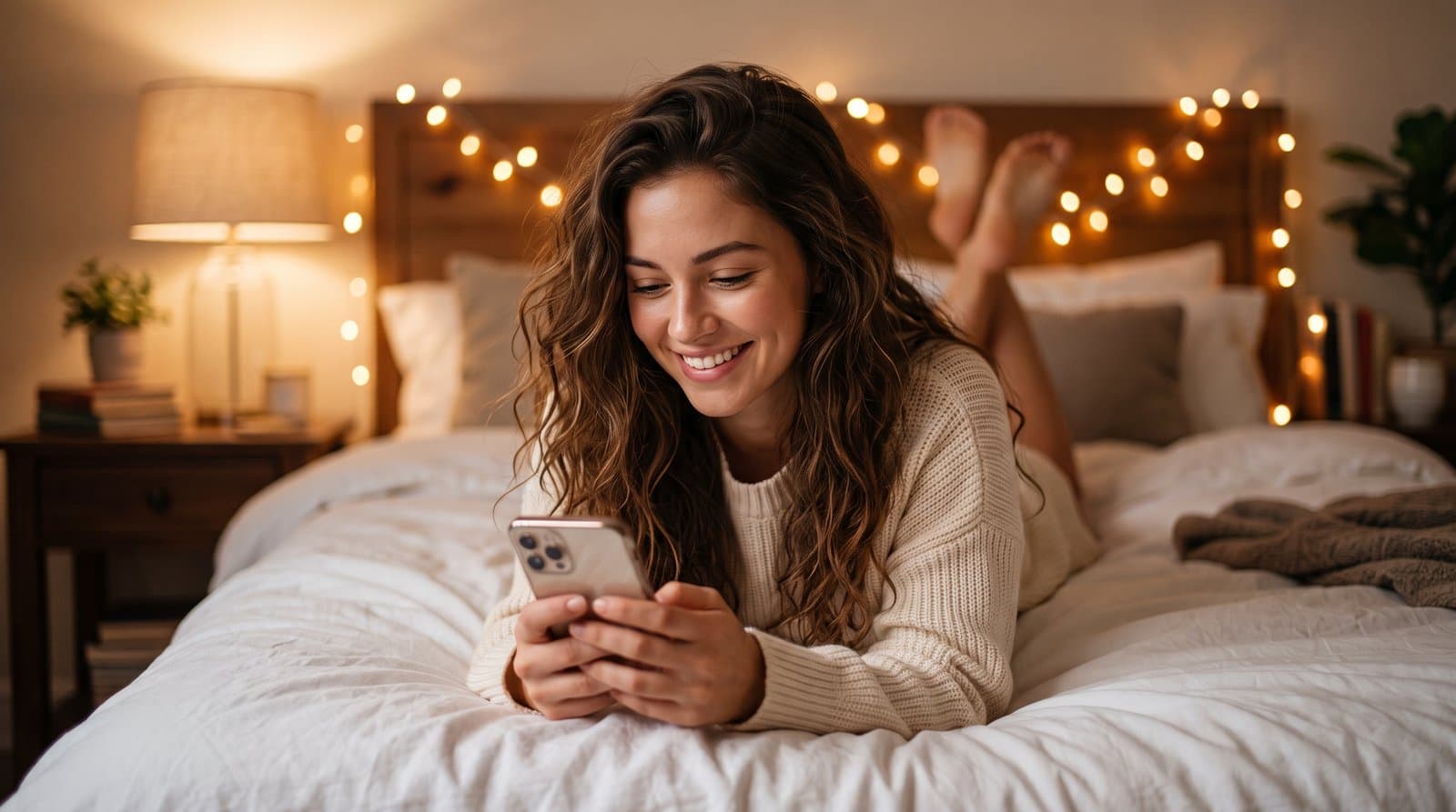 Kreátor az ágyon fekve chattel a telefonján — Fanvue chatting stratégia