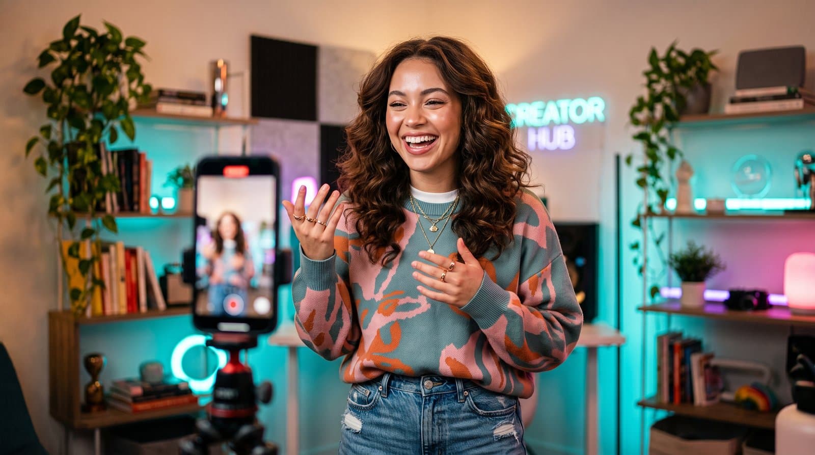 Kreátor vertikális videót forgat magáról telefonnal — TikTok stratégia AI-tartalomhoz